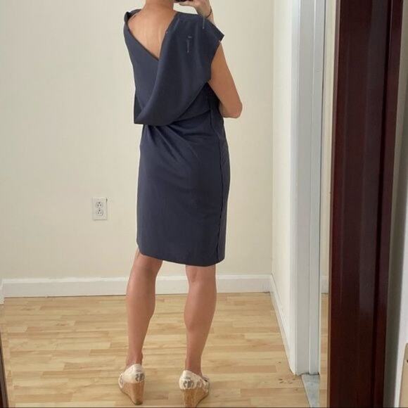 Slate Gray Draped Front Raw Edge Sheath Dress - Picture 3 of 11